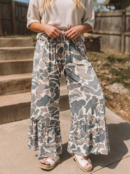 Western Leopard/camo Print Frilled Detail Drawstring Pants