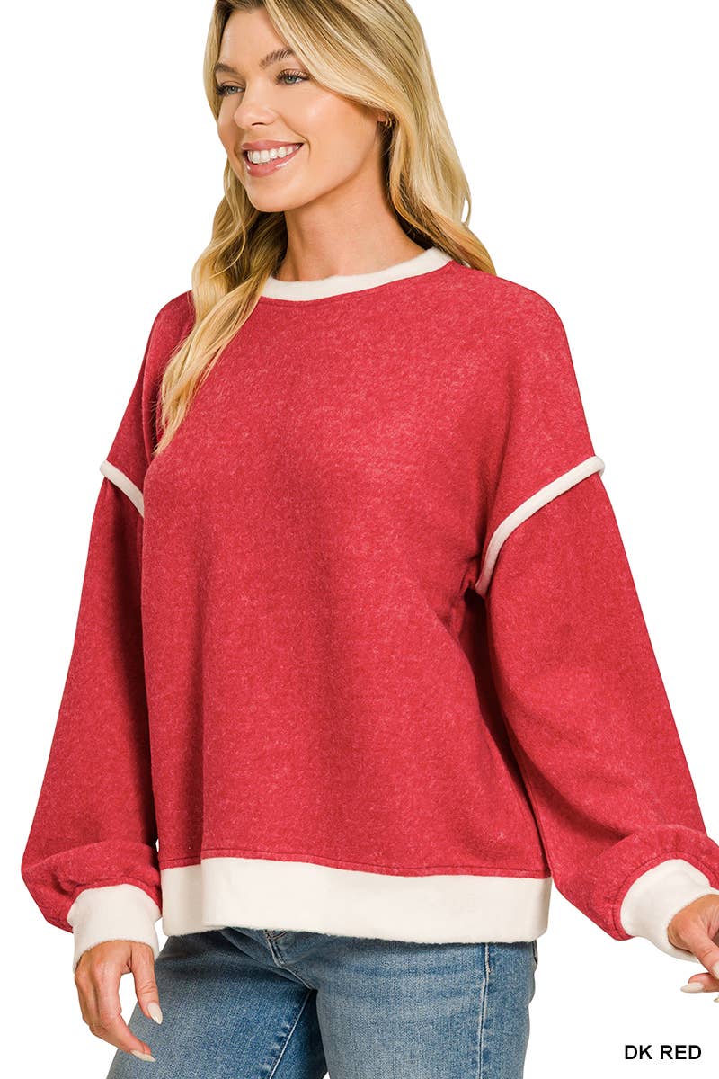 Brushed Melange Hacci Contrast Trim Sweater Zenana
