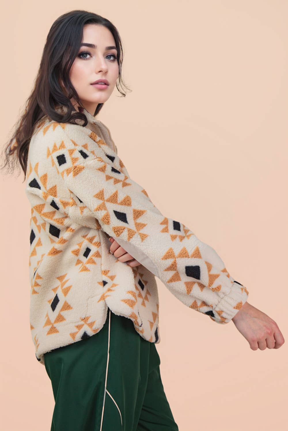 Half Zip Up Aztec Graphic Fleece Top