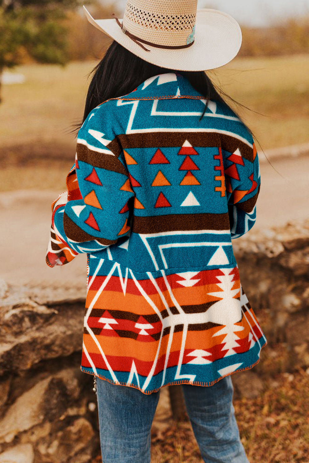 Aztec Blue Lapel Bell Sleeve Jacket