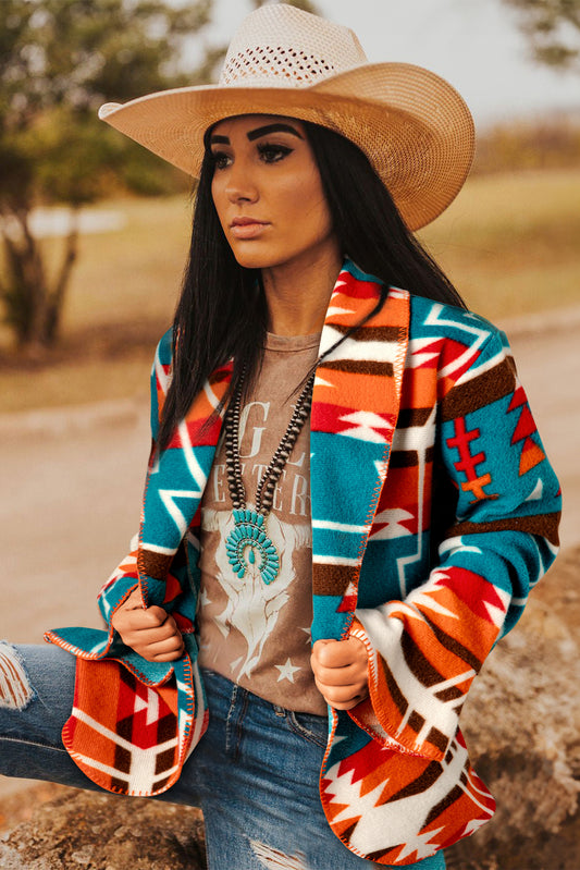 Aztec Blue Lapel Bell Sleeve Jacket