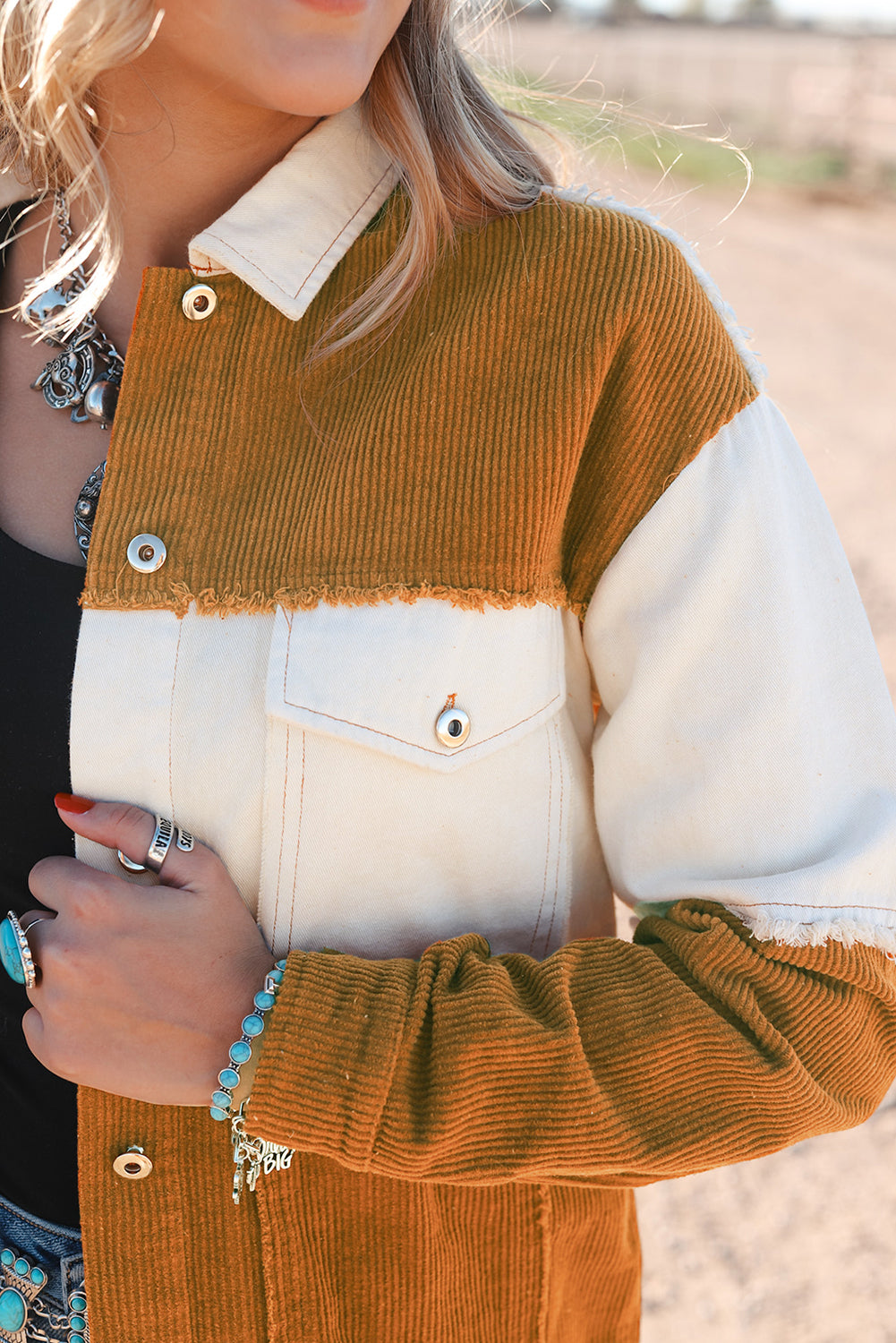 Brown Corduroy and Denim Color block Jacket