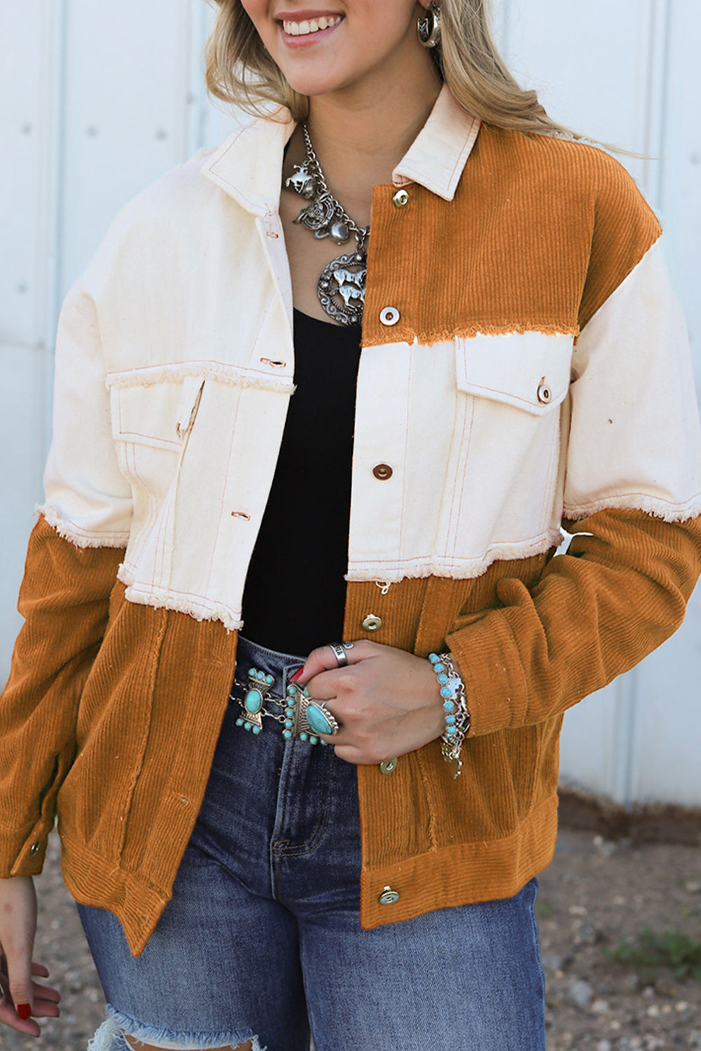 Brown Corduroy and Denim Color block Jacket