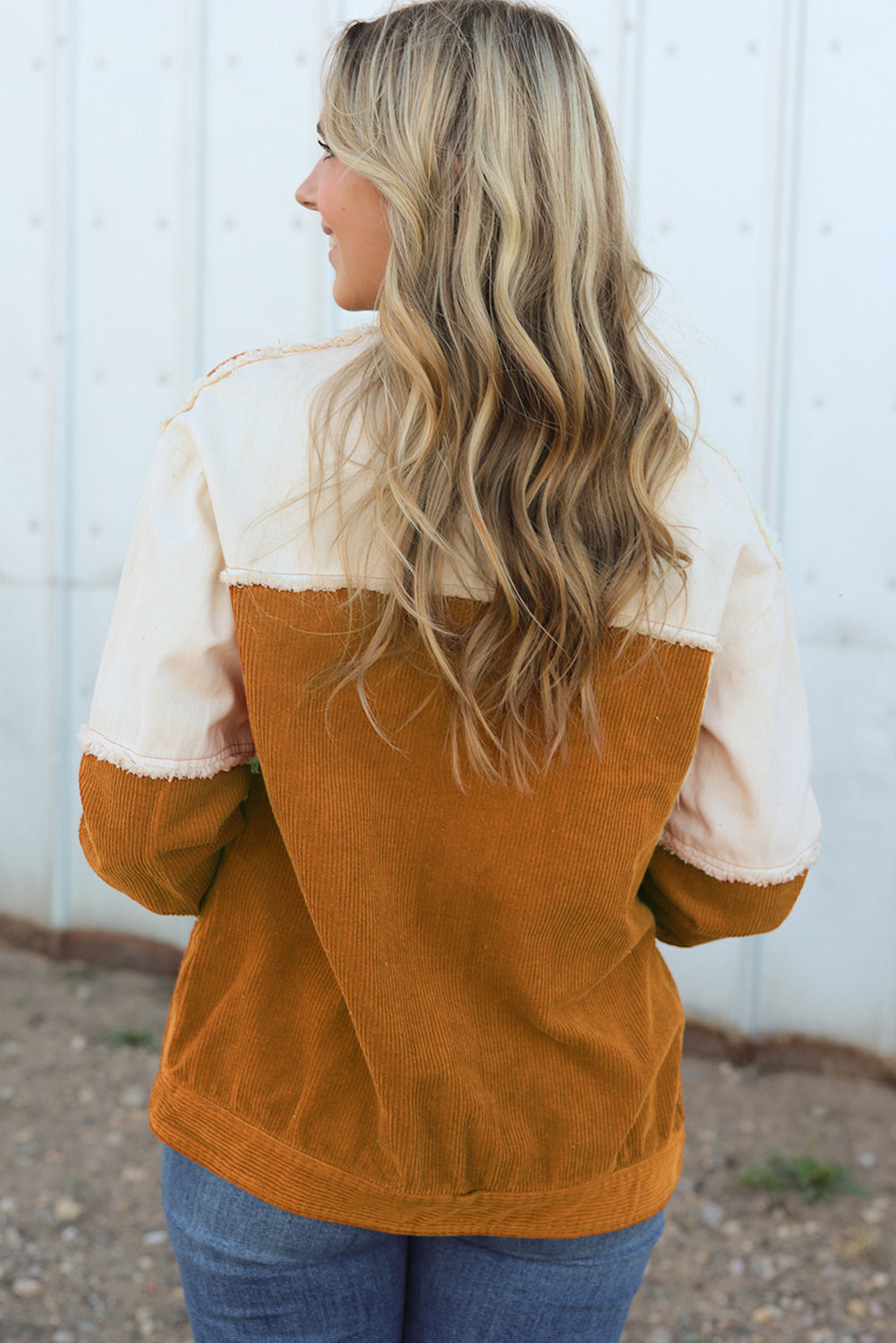 Brown Corduroy and Denim Color block Jacket