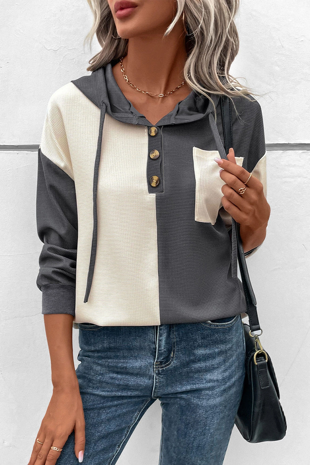 Grey Color Block Hooded Button Up Shirt