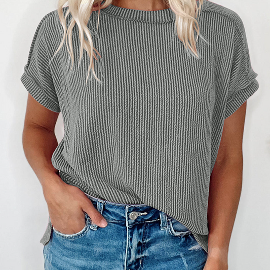 Medium Grey Textured Knit Exposed Stitching Top