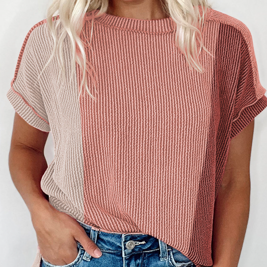 Apricot Textured Colorblock Crew Neck Top