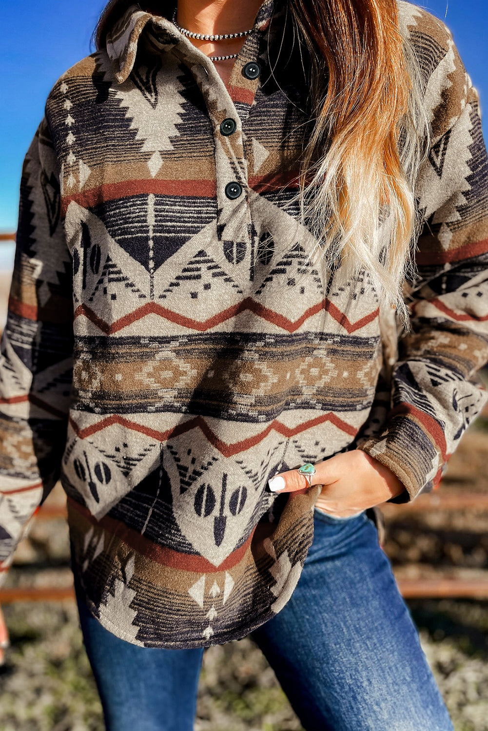 Brown Aztec Button Up Pullover