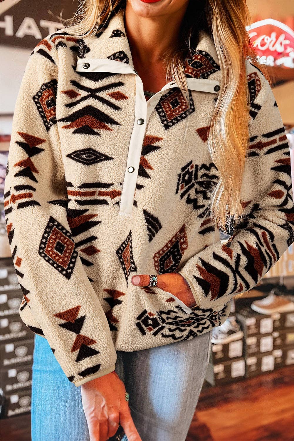 Black or Khaki Western Aztec Half Zip Plush Sweatshirt