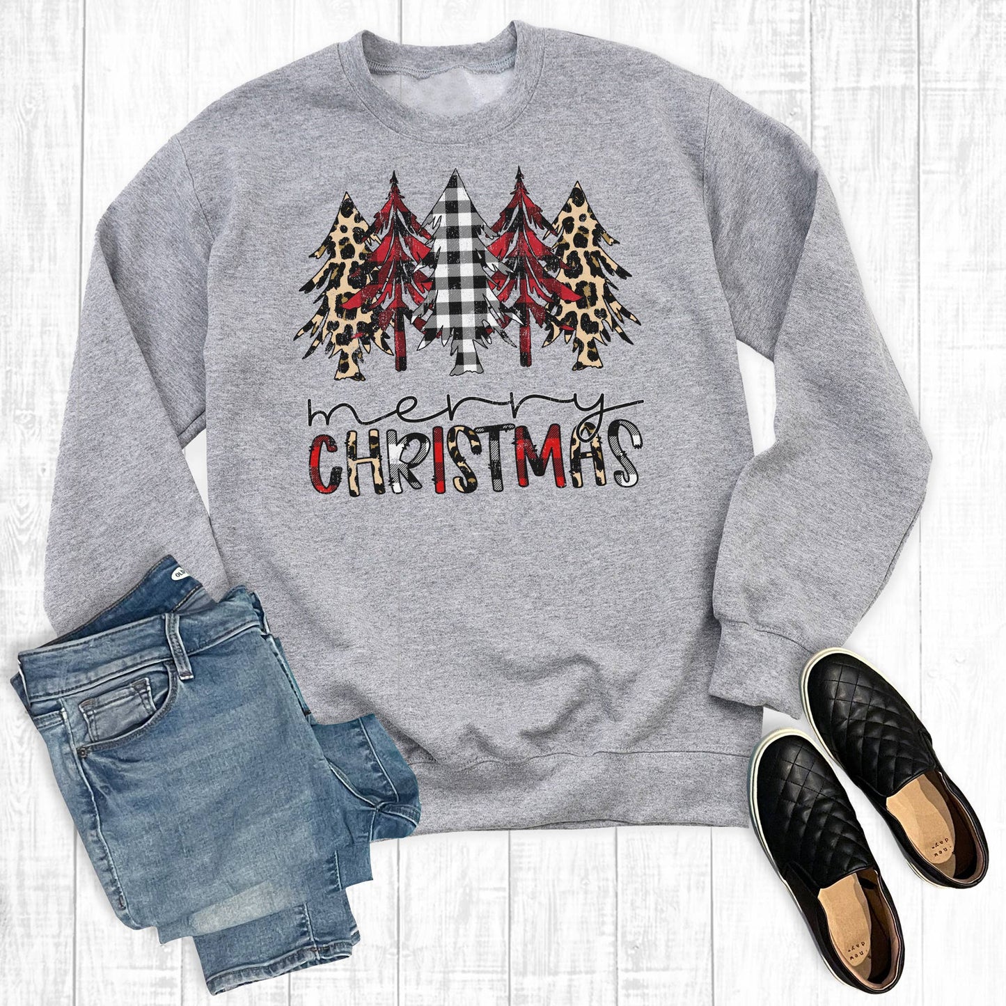 Plaid Leopard Merry Christmas Trees Sweatshirt