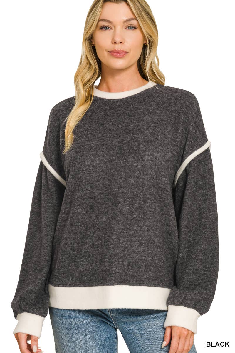 Brushed Melange Hacci Contrast Trim Sweater Zenana