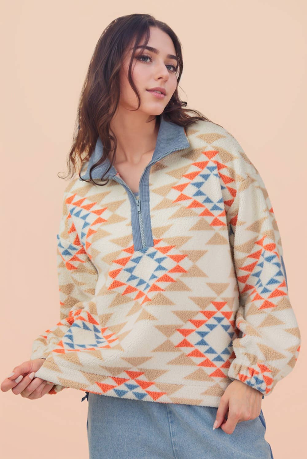 Half Zip Up Aztec Graphic Fleece Top