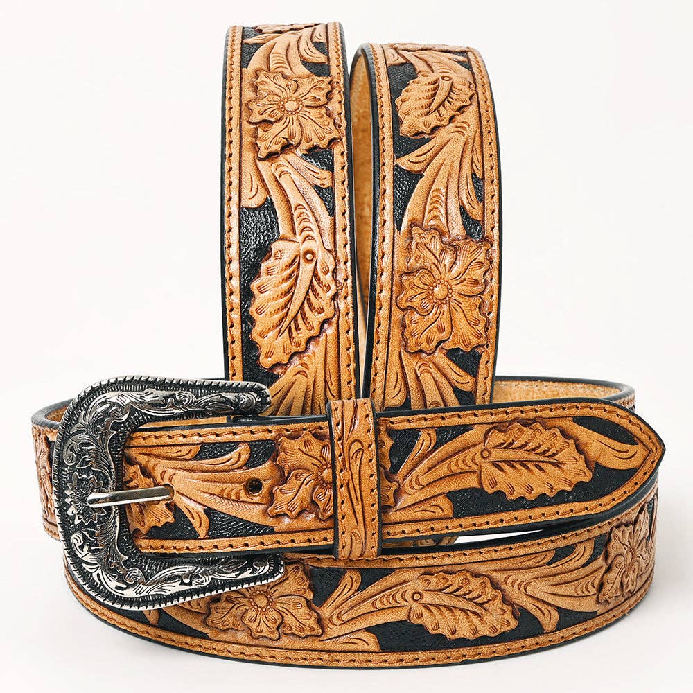 Black & Tan Hand Tooled Leather Western Belt with Silver Buckle
