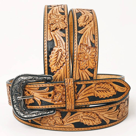 Black & Tan Hand Tooled Leather Western Belt with Silver Buckle