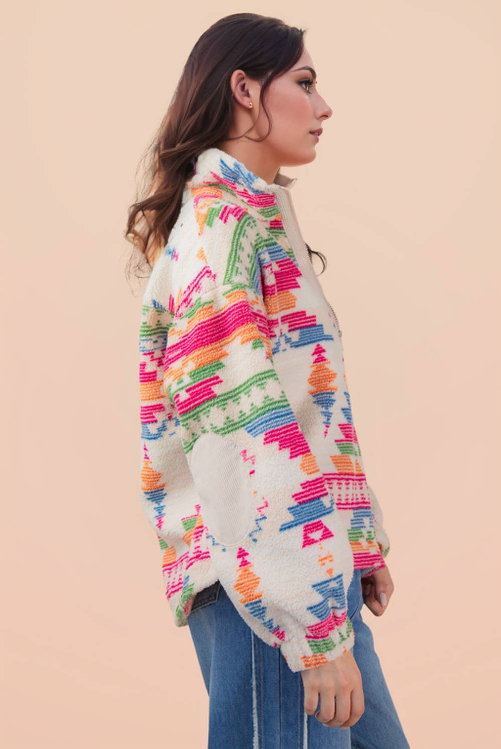 Half Zip Up Aztec Graphic Fleece Top