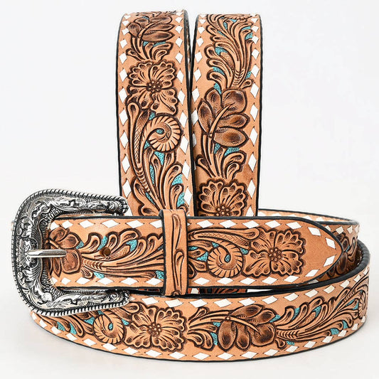 Tan Floral Tooled Leather Belt with Turquoise Accents and Whipstitch Edge