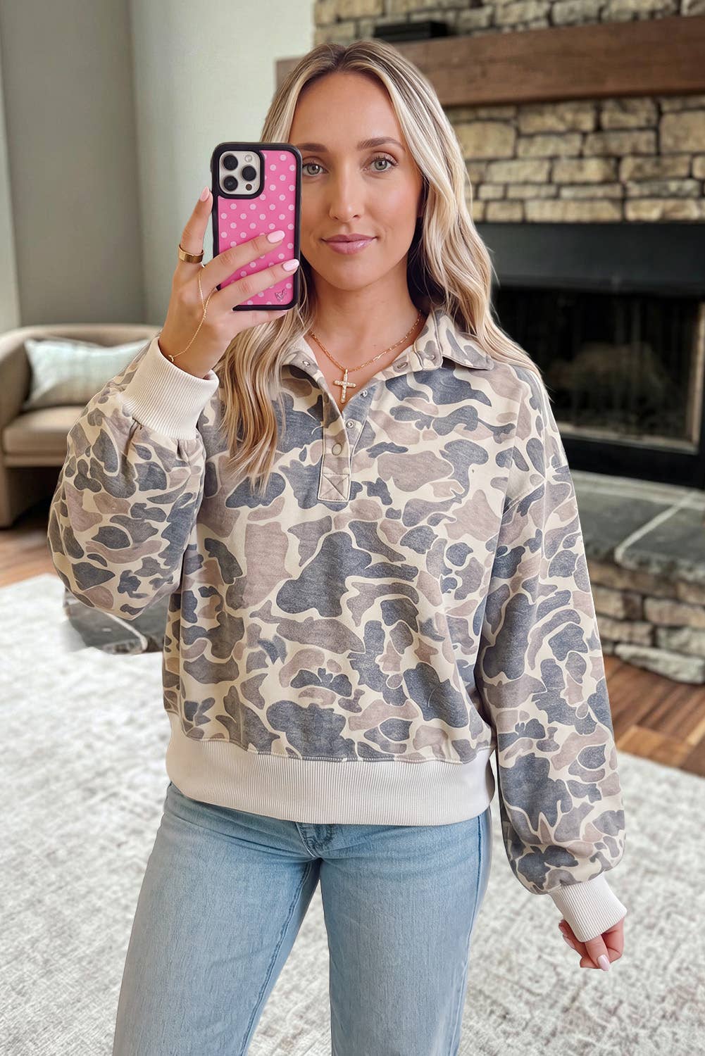 Casual Camouflage Collar Pullover Sweatshirt
