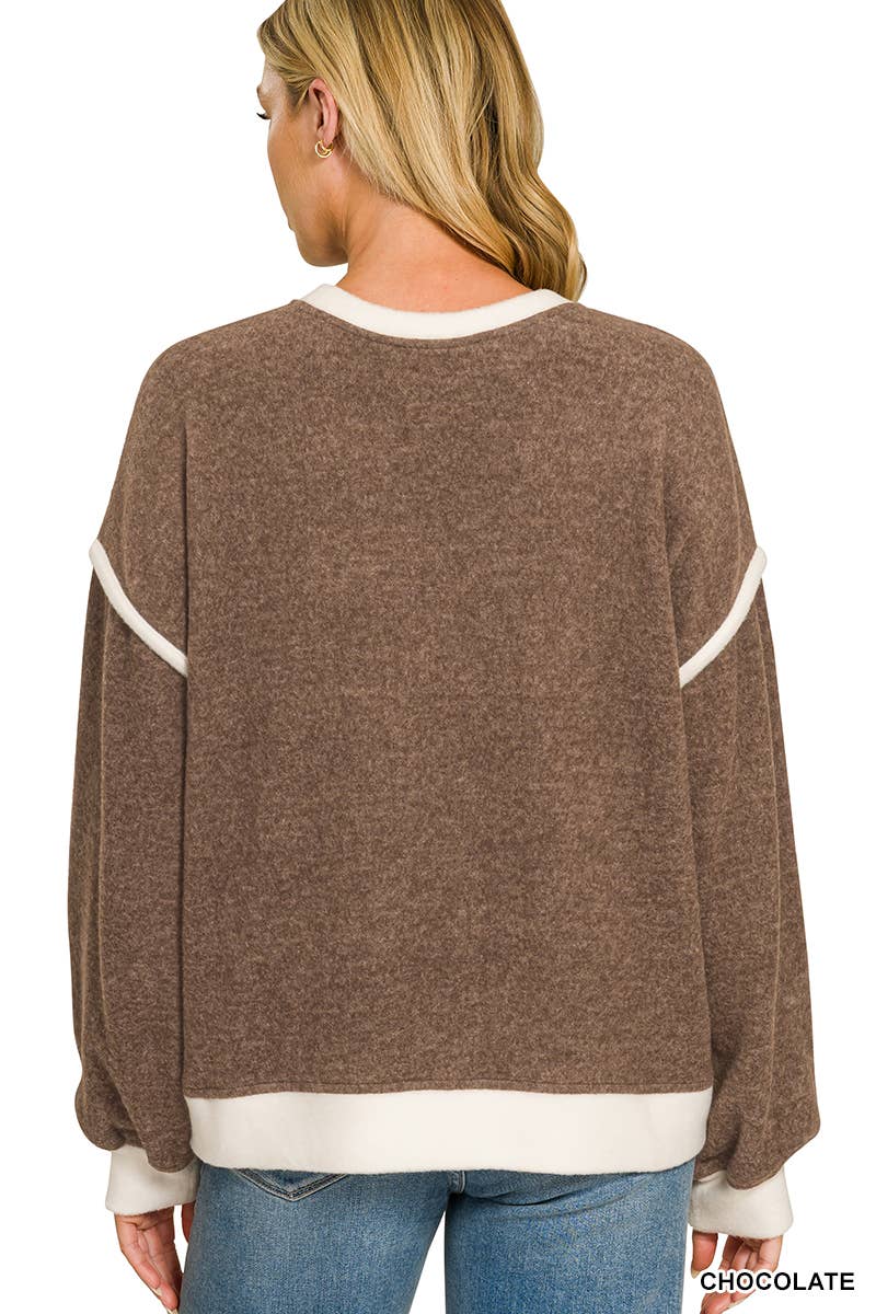 Brushed Melange Hacci Contrast Trim Sweater Zenana