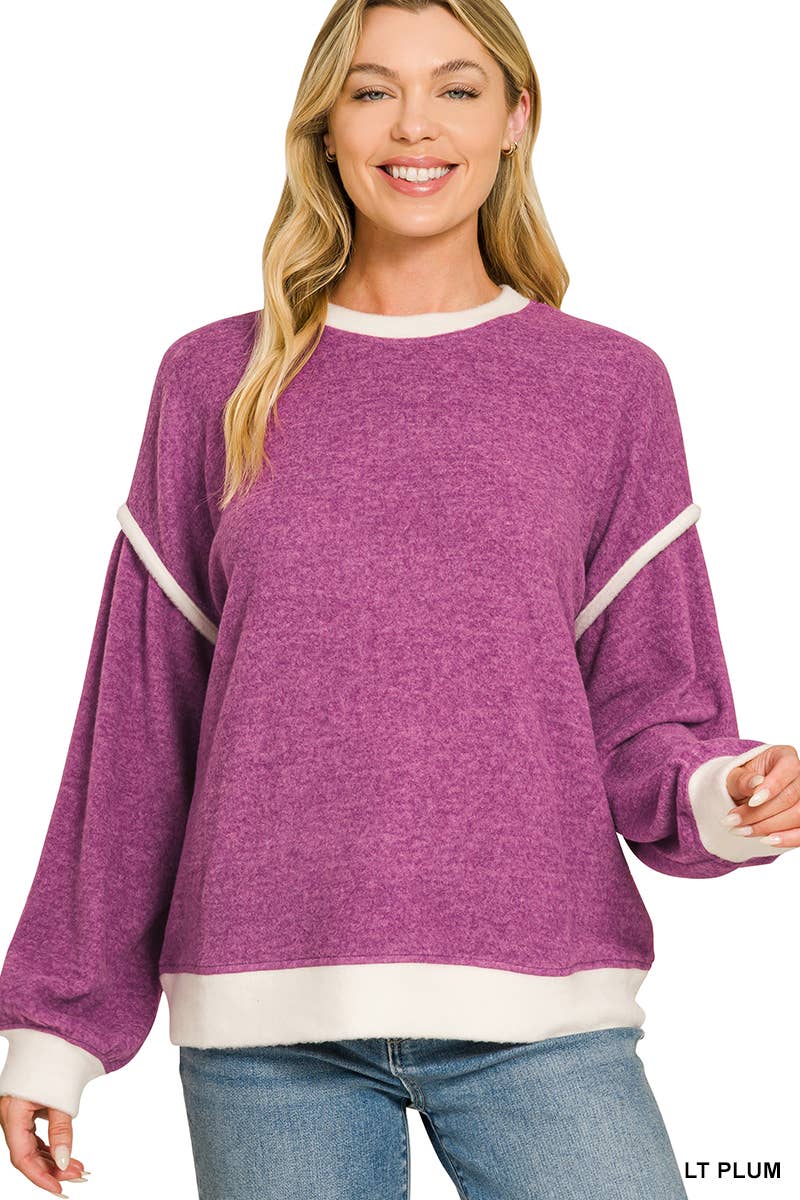 Brushed Melange Hacci Contrast Trim Sweater Zenana
