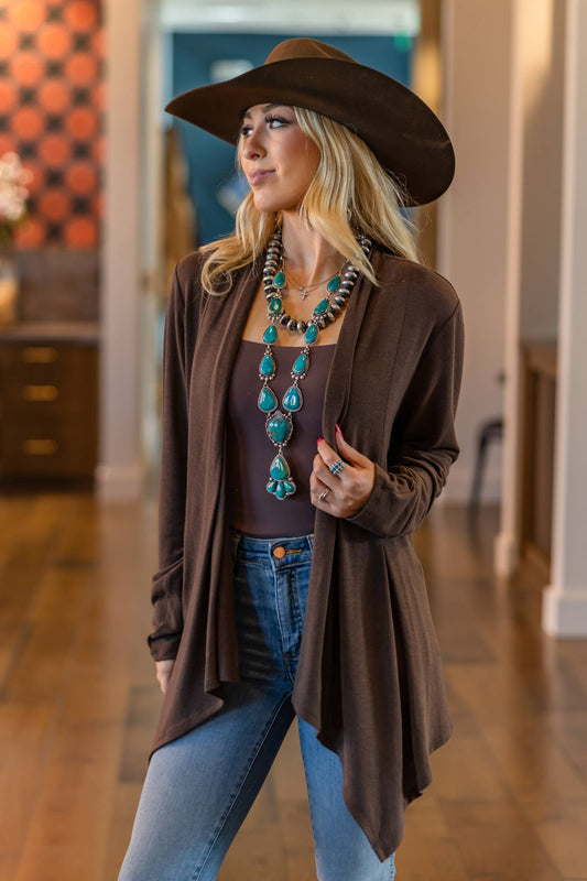 Soft Drape Open Front Chocolate Brown Cardigan