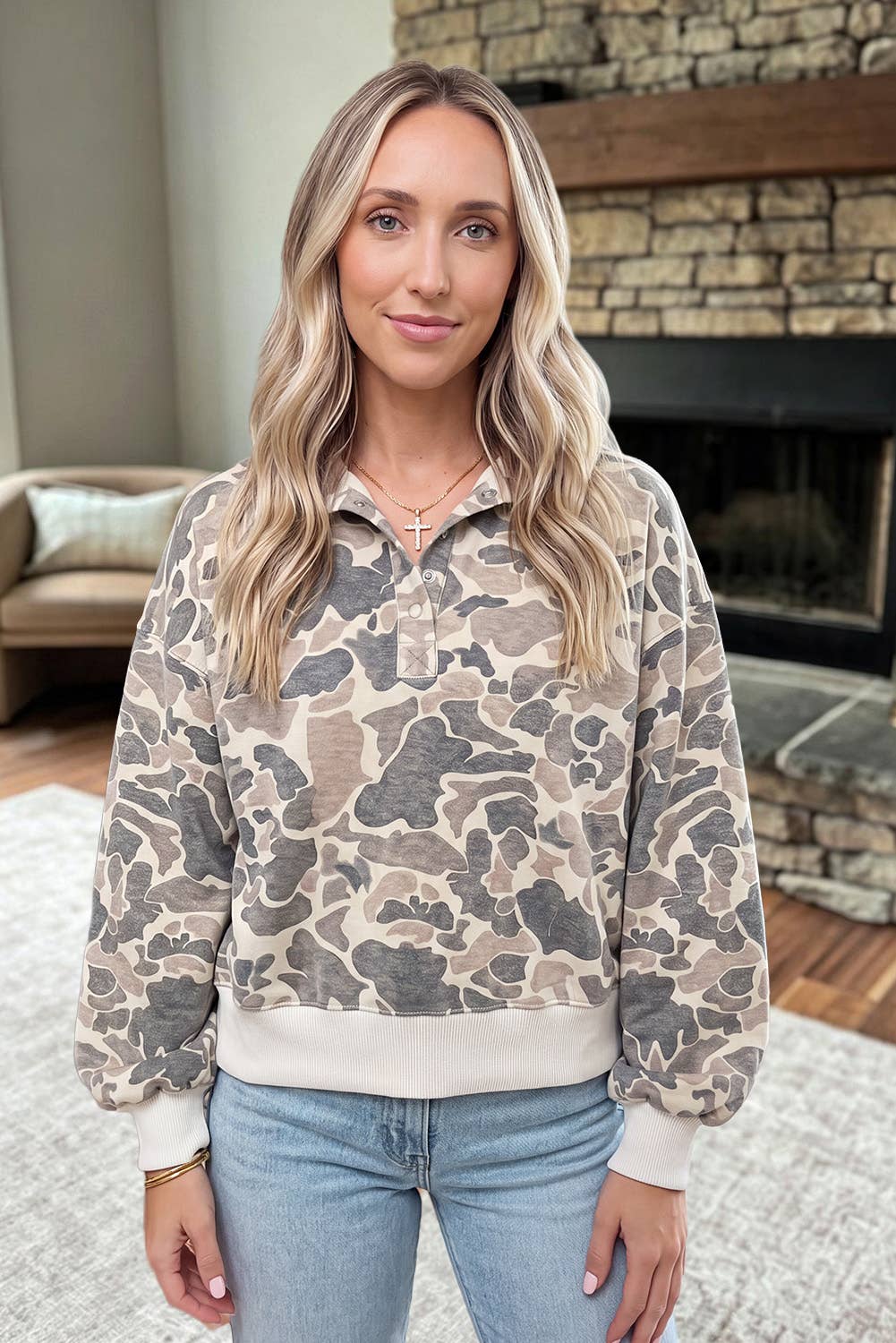 Casual Camouflage Collar Pullover Sweatshirt