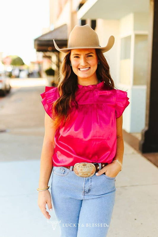 Pink Satin Pleated Ruffle Sleeveless Top