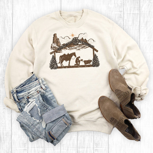 Christmas Manger Praying Cowboy Sweatshirt