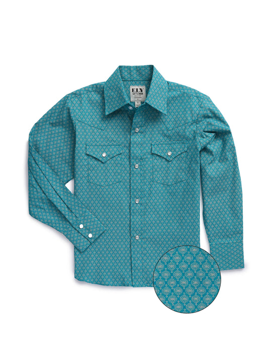 Boy's Ely Cattleman Long Sleeve Medallion Print Western Snap Shirt- Teal