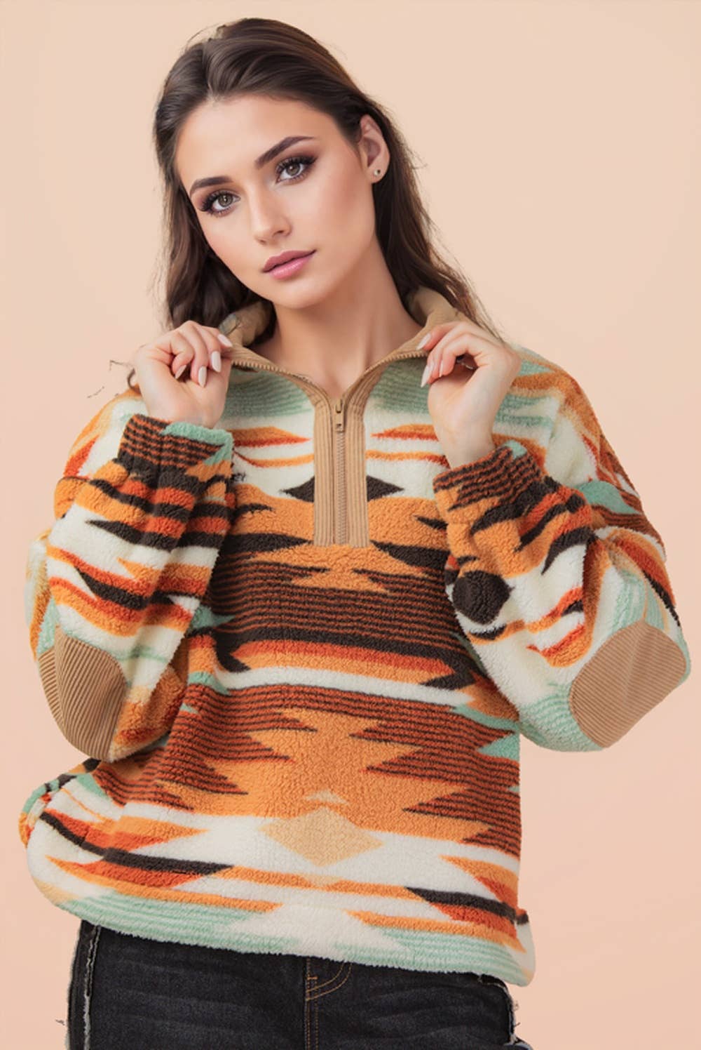 Half Zip Up Aztec Graphic Fleece Top