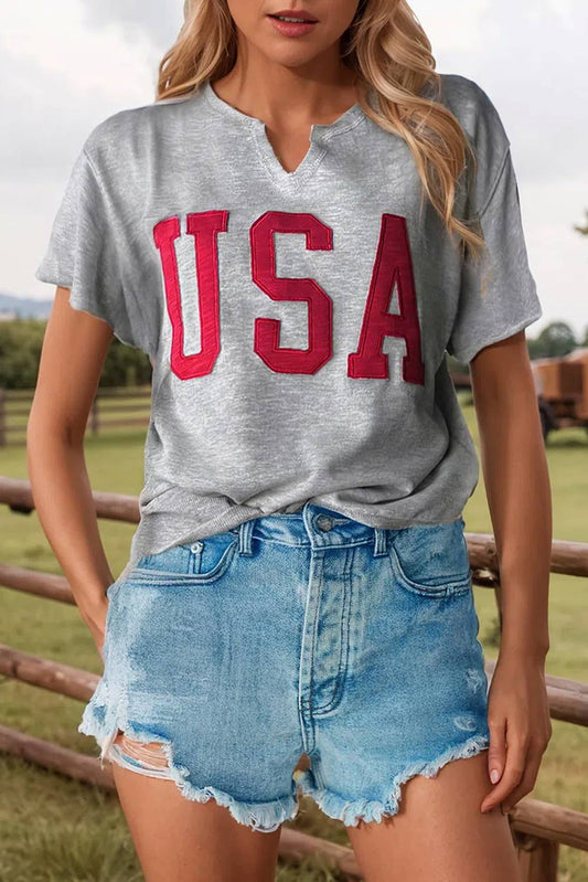 USA Lettering Patch Notched Neck Loose Tee