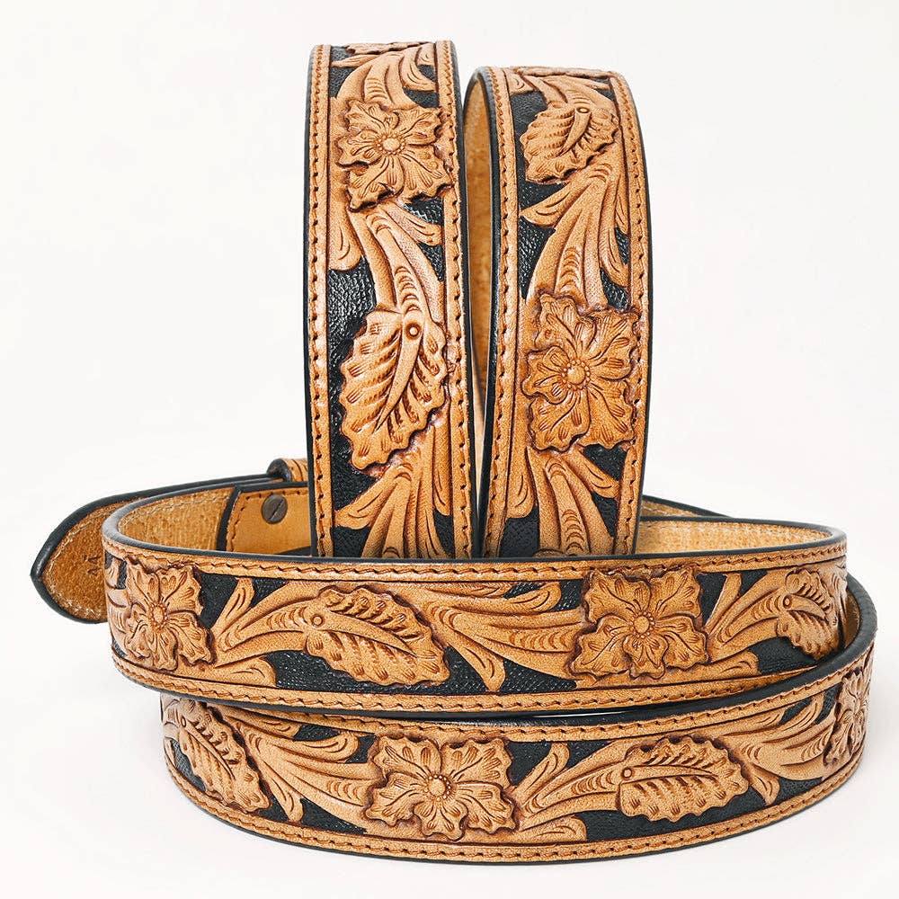 Black & Tan Hand Tooled Leather Western Belt with Silver Buckle