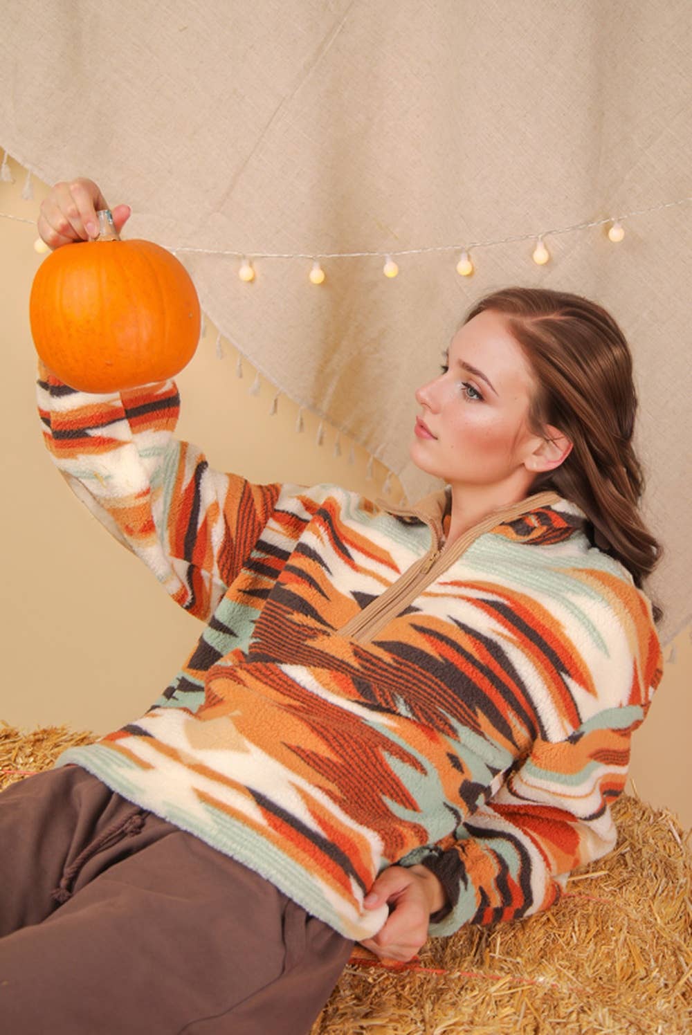 Half Zip Up Aztec Graphic Fleece Top