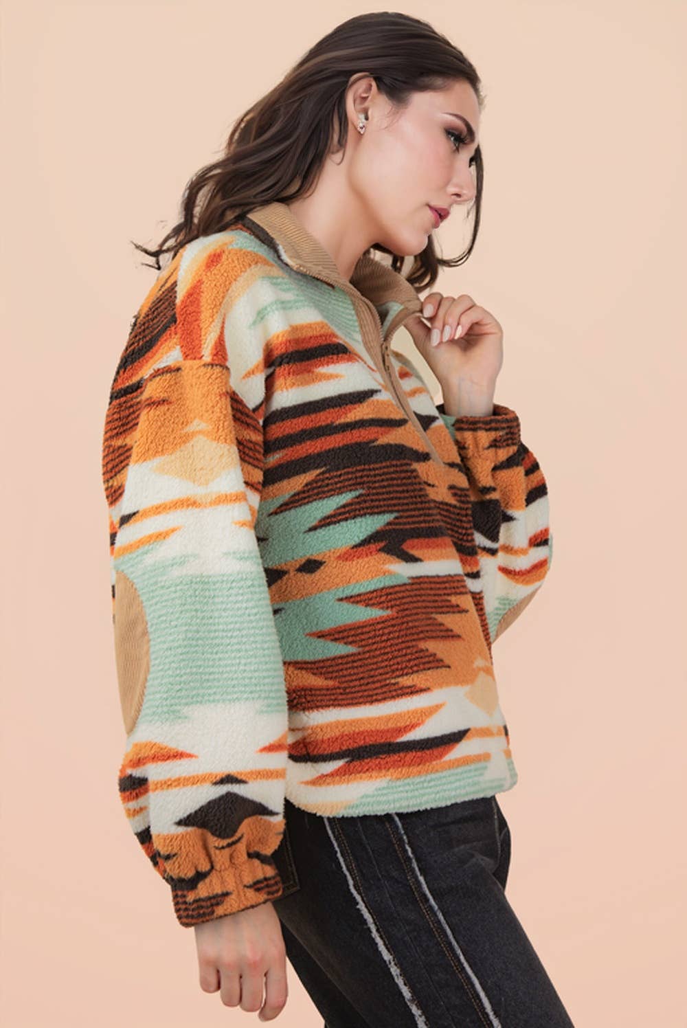 Half Zip Up Aztec Graphic Fleece Top