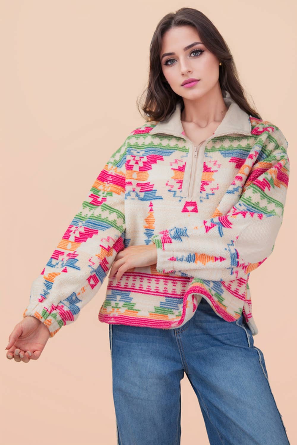 Half Zip Up Aztec Graphic Fleece Top