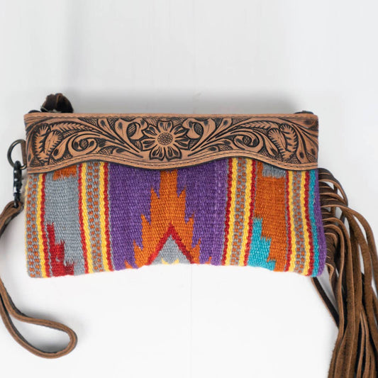 American Darling Wristlet Tooled Upcycled Wool Leather bag