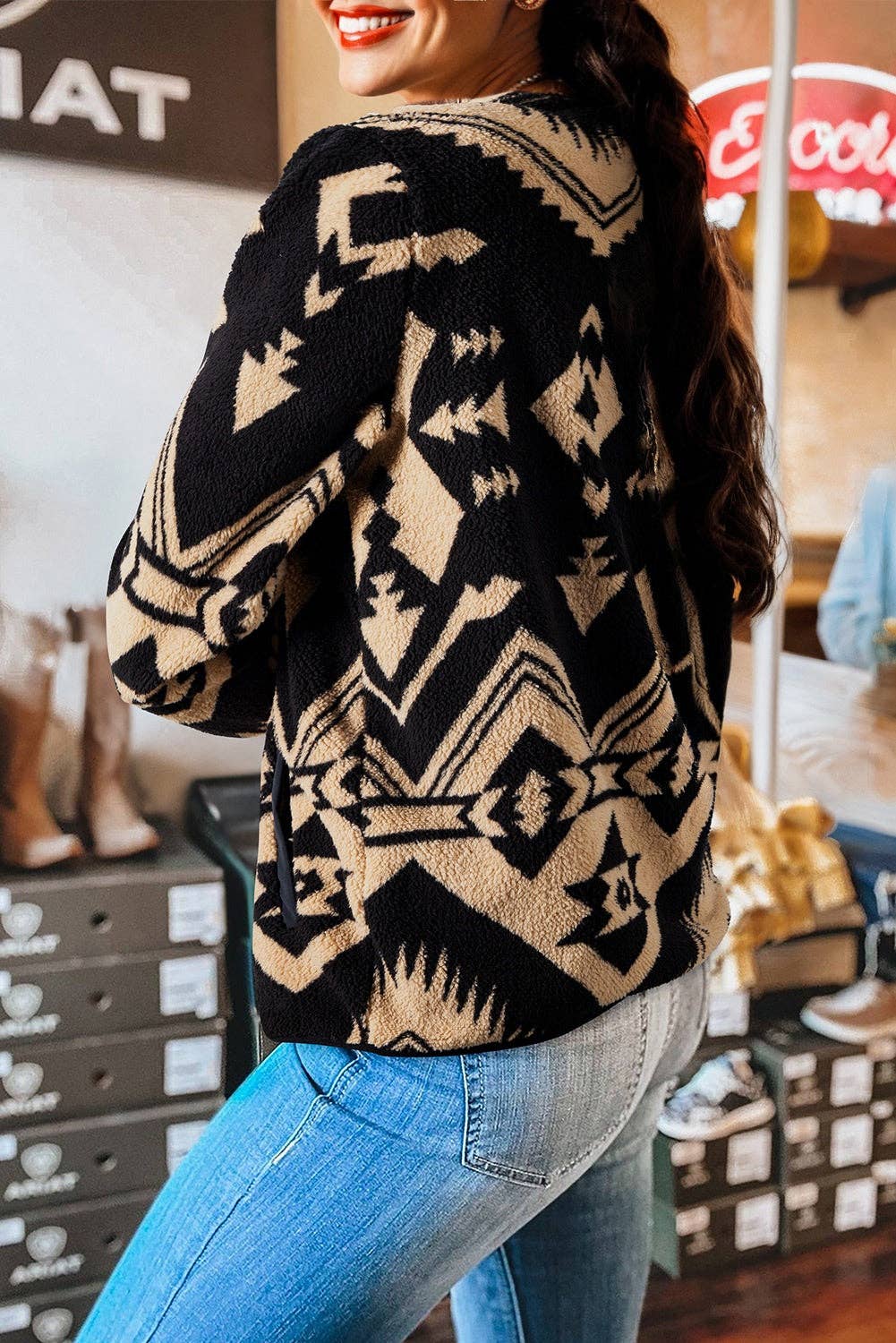 Black or Khaki Western Aztec Half Zip Plush Sweatshirt