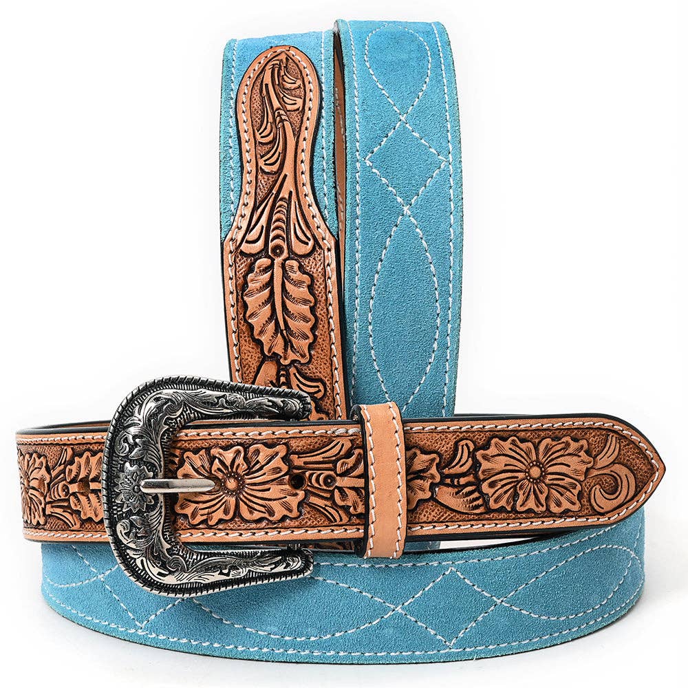 American Darling Turquoise Genuine suede Western Belt - Hand-Tooled Leather Inlay with Engraved Buckle
