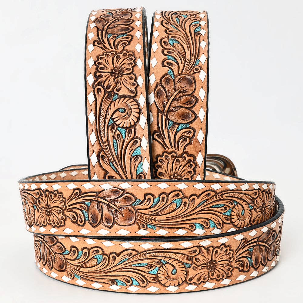 Tan Floral Tooled Leather Belt with Turquoise Accents and Whipstitch Edge