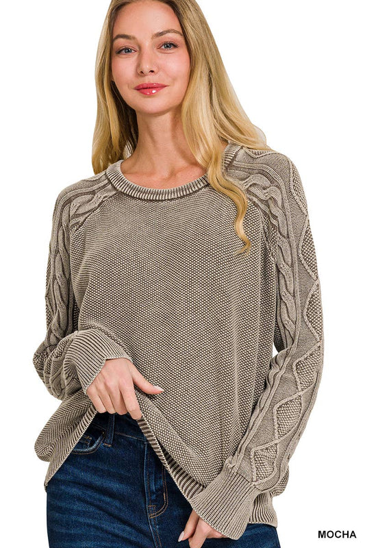 Washed Cable Sleeve Crewneck Sweater Zenana