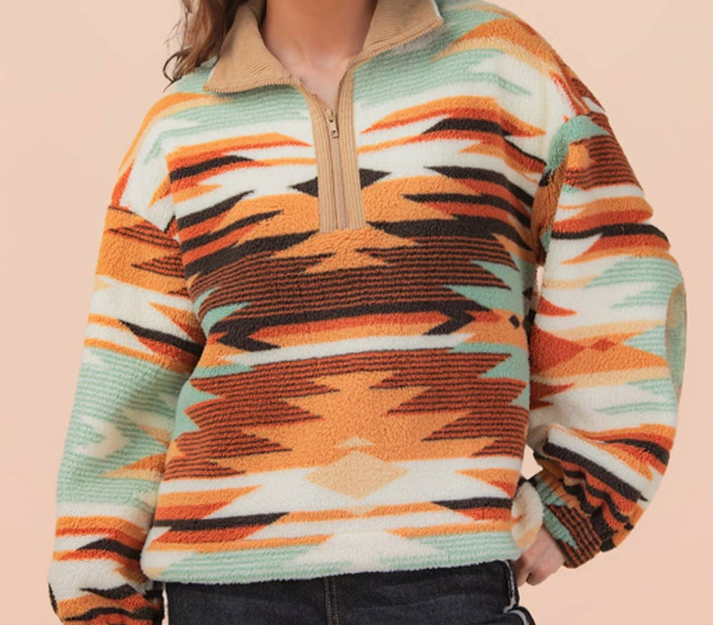 Half Zip Up Aztec Graphic Fleece Top