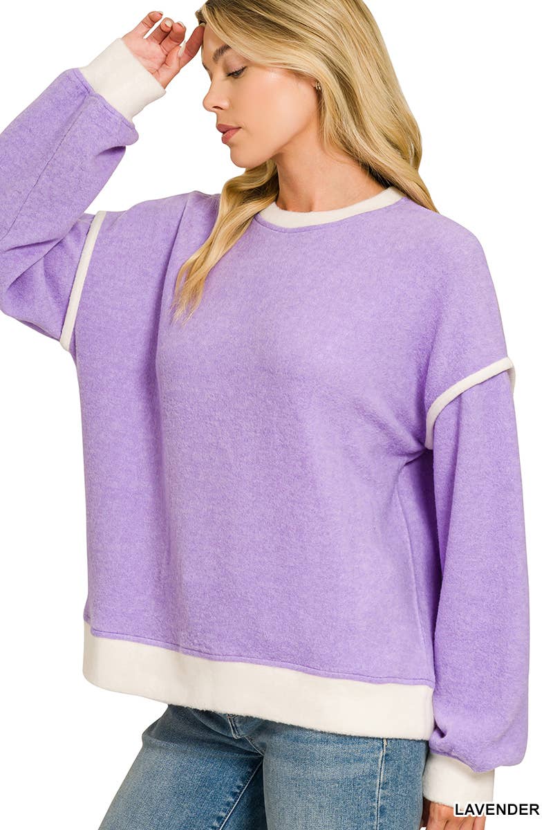 Brushed Melange Hacci Contrast Trim Sweater Zenana