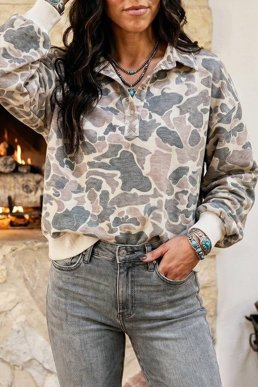 Casual Camouflage Collar Pullover Sweatshirt