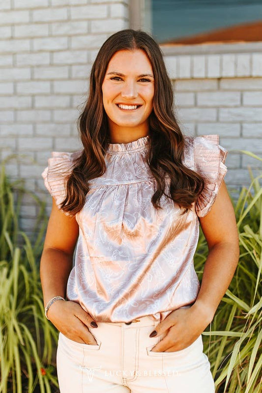 Western Champagne Satin Pleated Ruffle Sleeveless Top