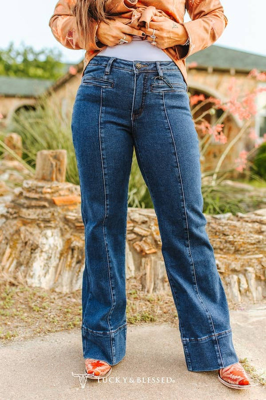 Dark Wash Mid Rise Bootcut Jeans W Front Pockets Lucky and Blessed