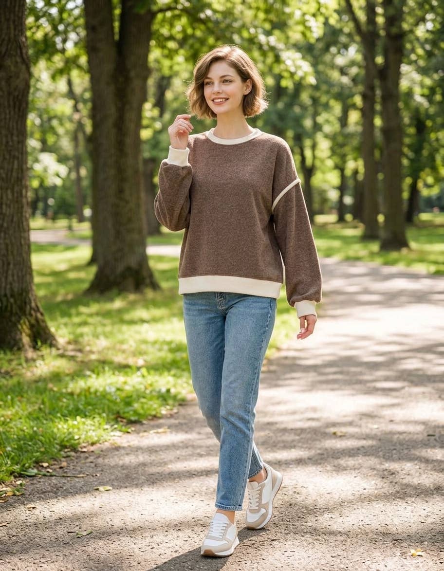 Brushed Melange Hacci Contrast Trim Sweater Zenana