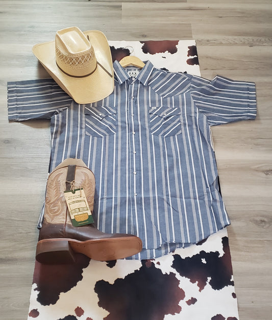 Ely Cattleman Mens Blue Stripe Shirt Short Sleeve