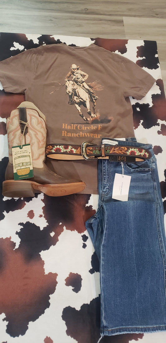 Half Circle F Ranchwear Exclusive Women Ranch Rider on Horse Espresso Comfort Color Tee