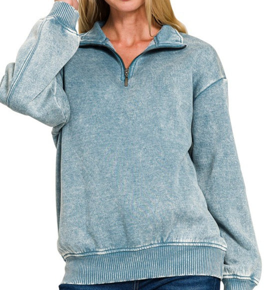 Zenana Mineral Washed Blue Half Zip Pull Over