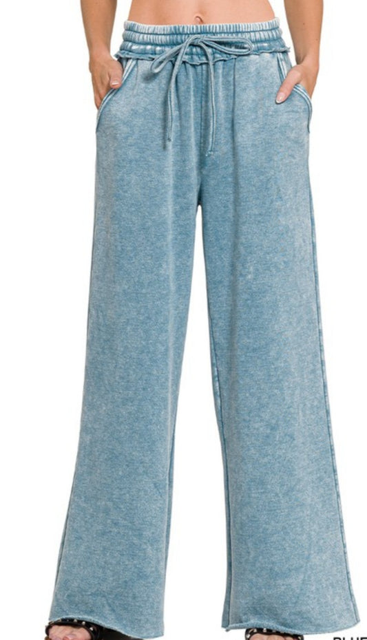 Zenana Blue Mineral Wash Fleece Palazzo Sweatpants with Pockets